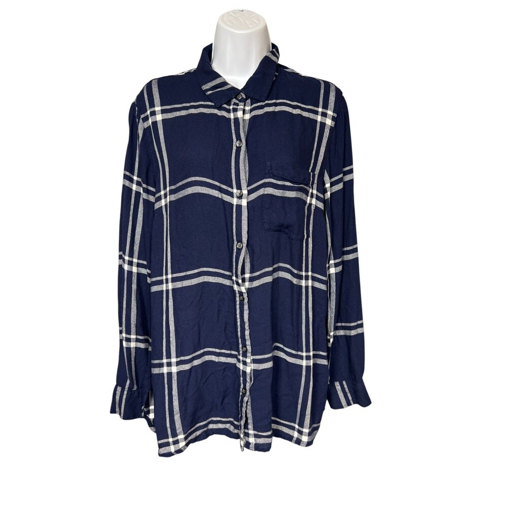 Old Navy Women's L The Classic Shirt Navy Blue Plaid Viscose Blouse Top